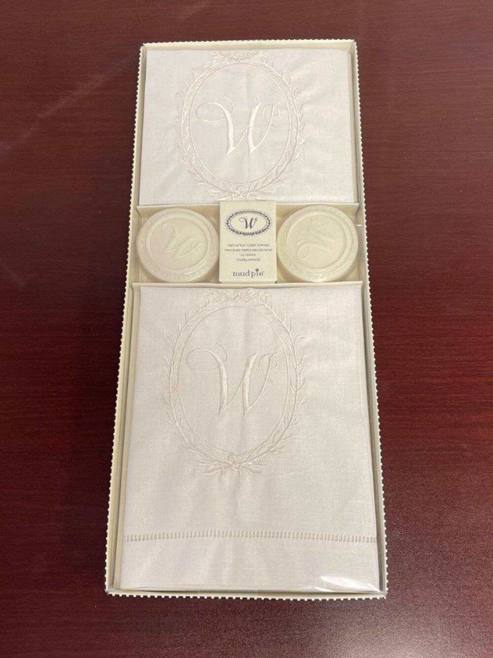 Mud Pie Linen Towels & Vanilla Wood Soap Gift Set - Monogram Initial "W" - NEW